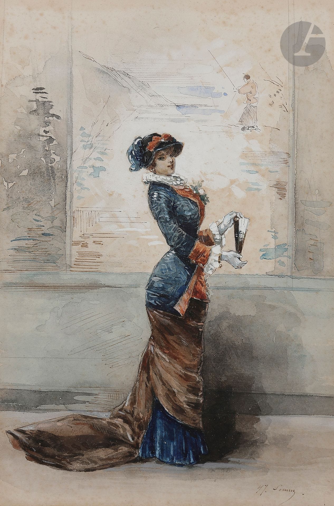François-Clément Sommier, dit Henry SOMM (Rouen 1844 - Paris 1907)

Femme en pied tenant un éventail

Aquarelle gouachée sur traits de crayon noir.

Signée en bas à droite.

26,5 x 17,5 cm