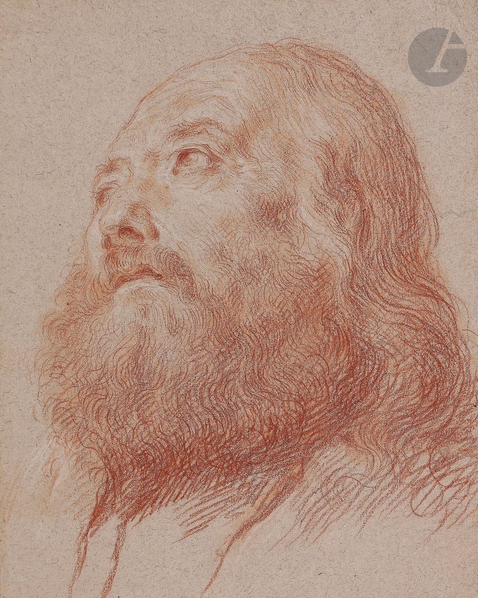 ÉCOLE ITALIENNE vers 1700

Tête d’homme barbu

Sanguine et rehauts de craie blanche sur papier beige.

(Collé en plein sur son montage ancien).

25 x 19,5 cm