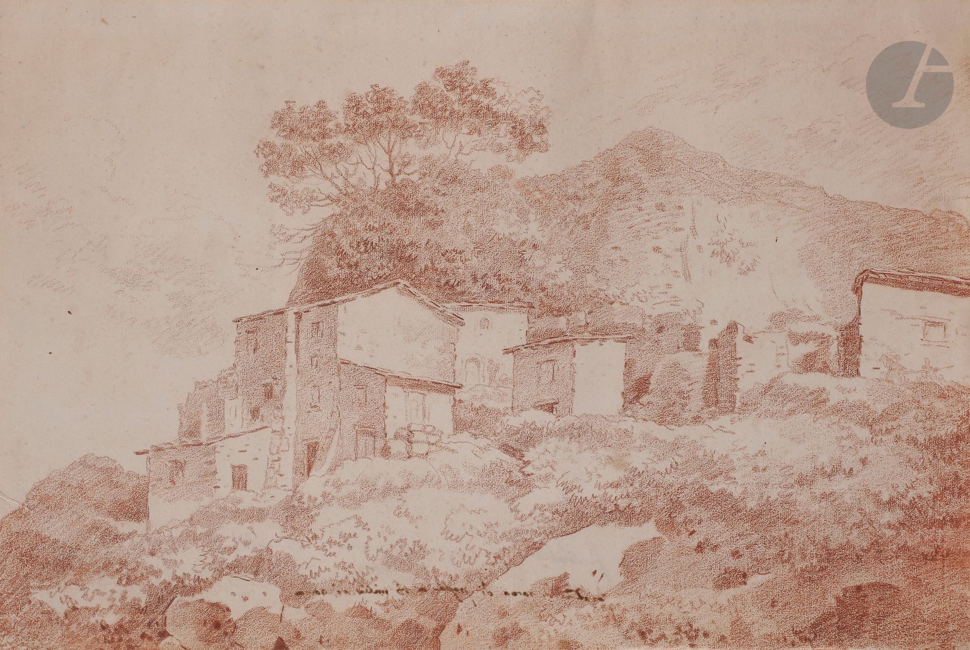 ÉCOLE FRANÇAISE du XVIIIe siècle

Paysage d’Italie

Sanguine.

Porte des inscriptions à la plume au verso qui transparaissent.

(Filigrane).

24,5 x 36,5 cm