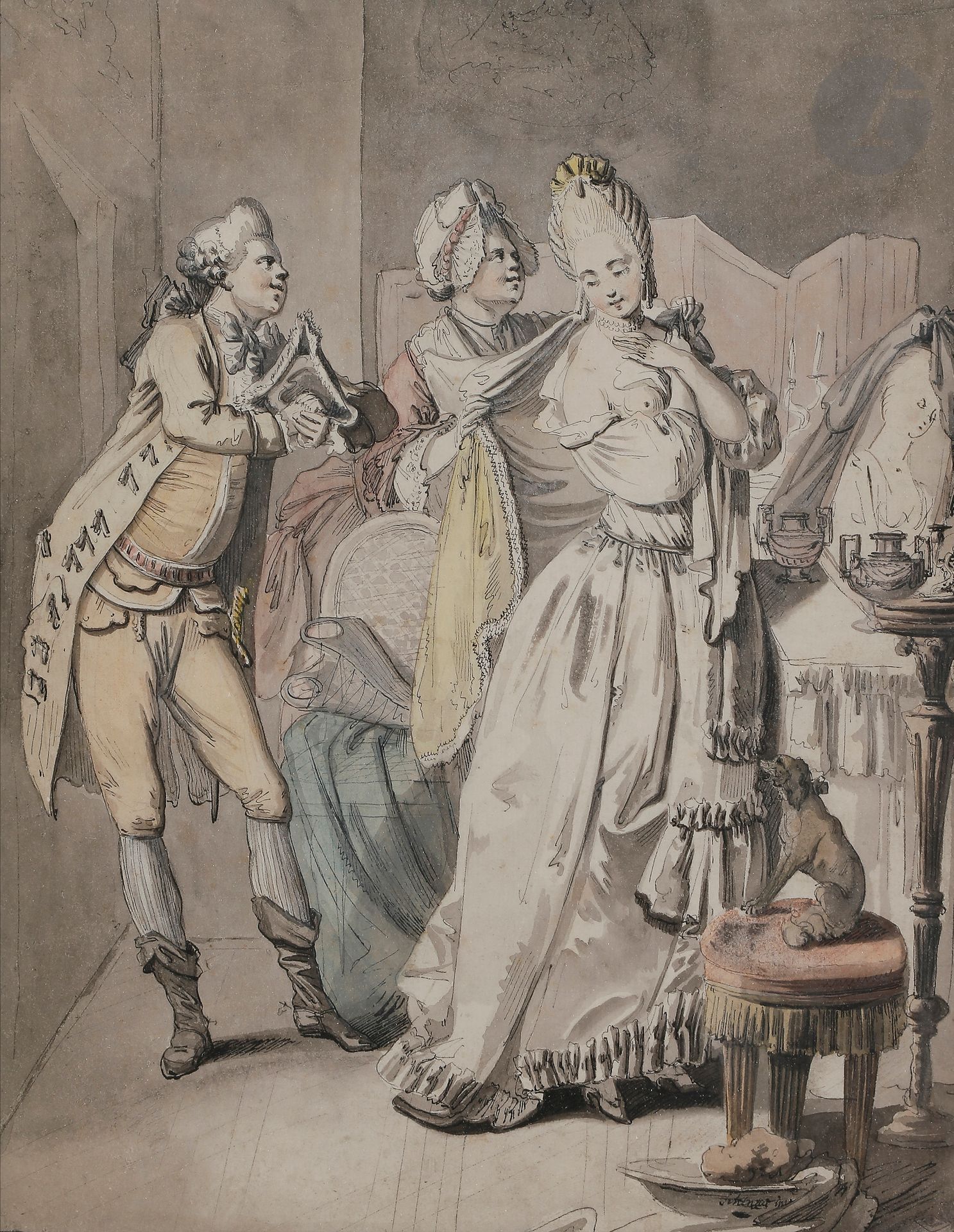 Johann Eleazar SCHENAU (Gross Schonau c. 1737 - Dresde 1806)

La Déclaration

Aquarelle, plume et encre de Chine.

Signée en bas à droite.

(Quelques rousseurs).

32 x 25 cm



Provenance :

Cachet de collection Charles Férault en bas à droite (Lugt 2793a).
