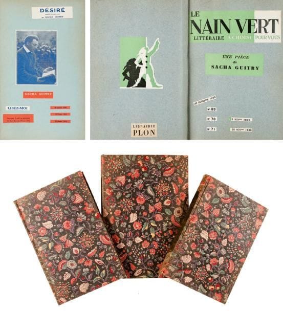 Sacha GUITRY
3 Pièces publiées en revues, 1934-1935; 3 vol. in-8, textes découpés et collés sur ff . de papier fort bleu-gris, reliés toile imprimée à motifs floraux, pièce de titre au dos en maroquin vert (Lucie Weill). Exemplaires personnels de l'auteur. Désiré, comédie en trois actes, dans Lisez-moi (27 janvier, 10 et 24 février 1934). Le Nouveau Testament, comédie inédite en quatre actes, dans Candide (17 et 24 janvier 1935). Un tour au Paradis, comédie en quatre actes, dans Le Nain Vert (20 octobre, 5 et 20 novembre 1935). Luxembourg 147-149.