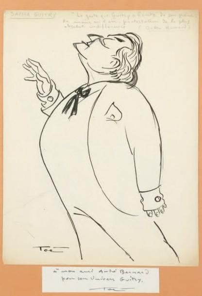Antoine Antona dit TOÉ (1903-1989)
Sacha Guitry, [fin 1937 ?]. Encre de Chine, signé en bas à gauche. 32 x 24 cm. © Cette caricature, réalisée à l'époque de Quadrille (création le 23 septembre 1937 au théâtre de la Madeleine, et sortie du film le 25 janvier 1938), montre Guitry torse bombé, et la main droite levée; selon Jules Renard, « le geste que Guitry a hérité de son père: la main en l'air, protestation de la plus absolue indifférence ». Plus un petit feuillet de dédicace de l'artiste à André Bernard. Luxembourg 418.