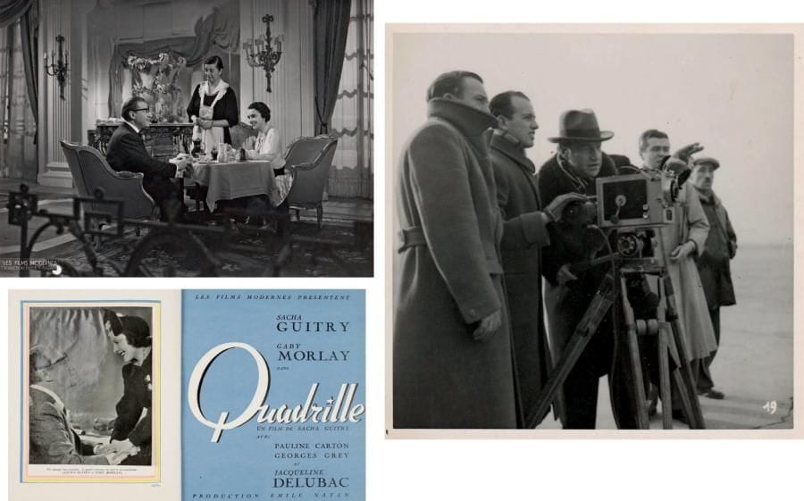 [Sacha GUITRY]
13 Photographies du film Quadrille, 1938. Tirages argentiques d'époque, la plupart 23 x 29 cm environ chaque. À la suite de la création le 23 septembre 1937 de sa nouvelle comédie Quadrille, Sacha Guitry en réalisa une version cinématographique du 30 novembre aux premiers jours de décembre, avec la même distribution, réunissant autour de lui Gaby Morlay, Jacqueline Delubac, Pauline Carton, Georges Grey, etc. Le film sort le 25 janvier 1938 au Marivaux. La plupart des photographies portent la marque ou le cachet encre Les Films Modernes, Productions Émile T. Natan, outre 4 photos d'exploitation. On joint 4 photographies du tournage, notamment au Bourget (13 x 13 cm); une photographie de Guitry dans Quadrille (de la coll. Stéphane Prince); la plaquette promotionnelle illustrée éditée par Les Films Modernes, un dépliant publicitaire, et le n° du 10 avril 1938 de Mon Copain. ABCF p. 185. ABO p. 152-157.