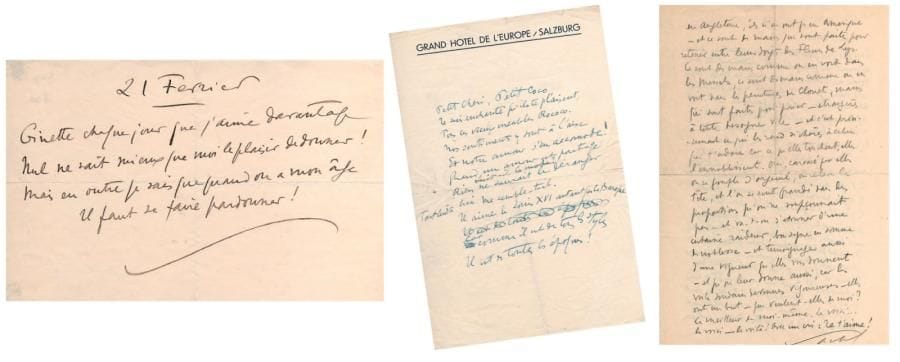 Sacha GUITRY
15 Lettres ou cartes autographes, la plupart signées (Sacha ou S), 1938-1944, à Geneviève de Séréville (puis Madame Sacha Guitry); 20 pages formats divers, 9 enveloppes, la plupart au crayon. Charmante et tendre correspondance à Geneviève de Séréville (1914-1963), qui va devenir sa quatrième femme. 21 Février [1938], charmant quatrain: « Ginette chaque jour que j'aime davantage / Nul ne sait mieux que moile plaisir de donner ! / Mais en outre je sais que quand on a mon âge / Il faut se faire pardonner !»... [1938 ?]: « Mon amour, Bon pour une robe du soir ! Voilà pour ce matin ! Je t'aime »... Mont Pèlerin sur Vevey [début mai 1938], billet en anglais le priant de lui dire comment elle se porte ce matin, en attendant de la voir à midi et demi... Salzburg [août 1938], poème de 12 vers: « Petit Chéri, Petit Coco, / je suis enchanté qu'ils te plaisent, / Tous ces vieux meubles Rococo. / Nos sentiments y sont à l'aise/ Et notre amour s'en accommode ! »... 18 avenue Élisée-Reclus [1939], récapitulatif de huit robes et manteaux qu'il lui off re pour « souhaiter ce premier anniversaire que tu passes contre mon coeur, Petit Être chéri que j'aime »... [Vevey 28 avril 1939], carte postale: « Vevey - 38 ! Vevey - 39 ! La fi èvre monte !!! Je t'aime »... [4 ? juillet 1939], dans une enveloppe où « Mademoiselle » est biffé et corrigé en « Madame »: « Bavardez toutes les trois. Vous avez mille choses à vous dire »... [Décembre 1939], à l'occasion de sa série d'émissions radiophoniques consacrées aux Lettres d'amour, il remercie son « adorée » de sa lettre qui est « le reflet de ton visage aimé »; il adore ses doigts pour « le mépris qu'ils ont des choses qui sont laides. Ils sont armés pour se défendre. Ils sont précis et familiers quand ils caressent. Ils sont hautains et dédaigneux quand il le faut. [...] tes mains sont adorablement françaises [...] et ce sont des mains qui sont faites pour retenir entre leurs doigts des Fleurs de Lys. Ce sont des mains comme on en voit dans le