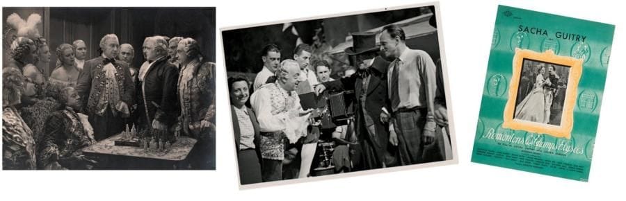 [Sacha GUITRY]
25 Photographies du film Remontons les Champs-Élysées, 1938. Tirages argentiques d'époque ou anciens, la plupart 23 x 29 cm environ chaque (qqs photos contrecollées). Tourné en mai 1938 aux studios de Joinville, ce grand film historique sera présenté le 1er décembre au Normandie. Guitry y fait jouer pour la dernière fois Jacqueline Delubac et débuter Geneviève de Séréville. Il en tirera en 1940 sa pièce Le Bien- Aimé. 4 photographies portent la marque de Raymond Voinquel; 2 sont des photos d'exploitation à la marque de la SEDIF. On joint une photographie de tournage (8,5 x 11,5 cm); 8 tirages modernes; le programme de la soirée de gala de la première au Normandie; la plaquette promotionnelle de la SEDIF pour le film; un programme du Pathé-Palace (1939); 2 revues: La Cinématographie française (13 mai 1938) annonçant le début du tournage, et Ciné-Miroir (9 décembre). ABO p. 158-161.
