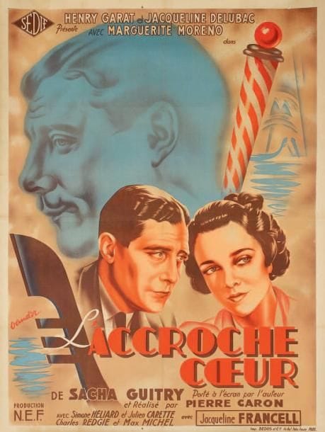 VAND'OR
Affiche pour le film L'Accroche-coeur, 1938. Impr. Bedos & Cie, Paris. 160 x 120 cm (entoilée). Film de Pierre Caron d'après la pièce de Sacha Guitry, avec Henri Garat et Jacqueline Delubac. Luxembourg 200 bis.
