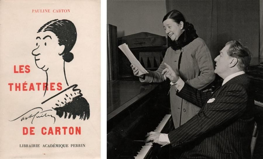 Pauline CARTON
Les Théâtres de Carton. Préface et Portrait par Sacha Guitry (Librairie Académique Perrin, 1938). In-8, broché, couv. ill. Édition originale. On joint la prépublication dans Paris-Soir en 1937: Le Roman comique des Théâtres de carton. Histoires vraies, vécues, racontées et illustrées par Pauline Carton (feuilletons découpés et montés sur papier fort orange en un vol. cart. in-8); une photographie de Pauline Carton répétant une chanson avec Guitry au piano (par Max Kettel, cachet au dos, 18 x 18 cm).