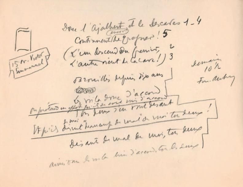 Sacha GUITRY
[L'Ajalbert et le Descaves]. Poème autographe, [juin 1939]; 4 pages in-4 (au crayon). Brouillons d'un poème satirique de 21 vers contre Jean Ajalbert et Lucien Descaves qui, en juin 1939, avaient milité contre l'élection de Guitry à l'Académie Goncourt (il y sera quand même élu le 28 juin). « Donc l'Ajalbert et le Descaves (L'un descend du grenier L'autre vient de la cave !) Continuent encor de grogner ! [...] On prétend en eff et qu'ils se sont mis d'accord Pour dire infiniment de mal de moi tous deux ! Je crois qu'ils en diraient bien davantage encor, Les pauvres, s'ils savaient ce que je pense d'eux ! »... On joint 2 photographies de Guitry avec des membres de l'Académie Goncourt: Rosny jeune et Pierre Champion; René Benjamin, Roland Dorgelès et P. Champion.