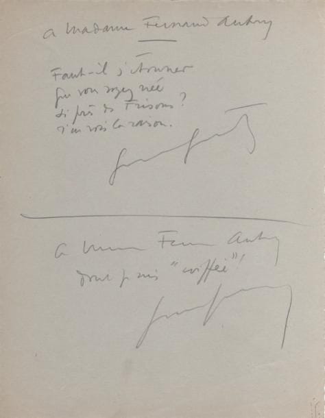 Sacha GUITRY
Poème autographe signé par lui « Geneviève Guitry », [vers 1939 ?]; 1 page in-4 au crayon. Poème et dédicace pour la coiff euse de sa femme, Mme Fernand Aubry: « Faut-il s'étonner Que vous soyez née Si près des Frisons ? J'en vois la raison ». Avec la dédicace: « À Mme Fernand Aubry dont je suis "coiffée" ! »...
