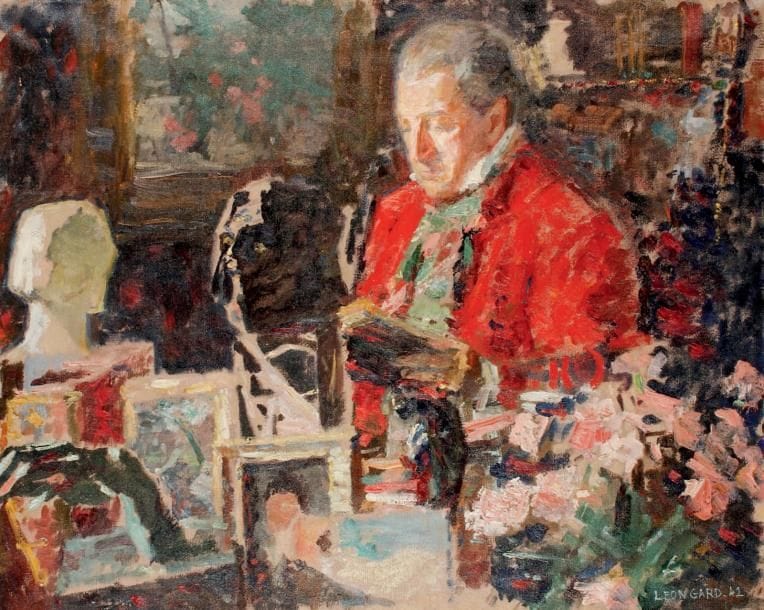 Léon GARD (1901-1979)
Sacha Guitry, 1942. Huile sur toile, signée et datée (42) en bas à droite. 73 x 91 cm. © Sacha Guitry, en veste rouge, est assis à son bureau, recouvert d'objets de sa collection, dont le buste de Balzac par Rodin. Ce beau tableau a toujours figuré, avec celui de Lana Marconi en pendant, au-dessus des bibliothèques du cabinet de travail de Guitry, de 1942 à sa mort en 1957. C'est le portrait de lui que Guitry préférait. Il porte le n° 57 du catalogue de 1952. Guitry avait fait la connaissance de Léon Gard alors que celui-ci rapportait un tableau ancien que le maître avait fait restaurer. Il devint alors un des plus fidèles amis de Guitry. Luxembourg 450. Ancienne collection Jacques Lorcey (vente 17 janvier 2006, n° 455). SGVA 373.
