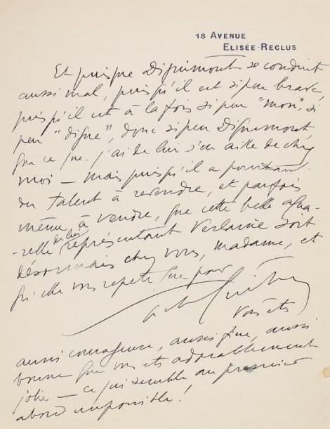 Sacha GUITRY
L.A.S., 18 avenue Élisée-Reclus [1943 ?], à une dame; 1 page in-4. « Et puisque Dignimont se conduit aussi mal, puisqu'il est si peu brave, puisqu'il est à la fois si peu "mon", si peu "digne", donc si peu Dignimont, que ce que j'ai de lui s'en aille de chez moi - mais puisqu'il a pourtant du talent à revendre, et parfois même à vendre, que cette belle aquarelle de lui représentant Verlaine soit désormais chez vous, madame, et qu'elle vous répète que pour Sacha Guitry vous êtes aussi courageuse, aussi fine, aussi bonne que vous êtes adorablement jolie - ce qui semble au premier abord impossible ! »...