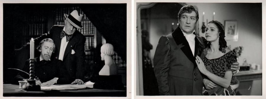 [Sacha GUITRY]
8 Photographies du film La Malibran, [1944]; tirages argentiques d'époque ou anciens, formats divers. Tourné en juillet-août 1943, en partie dans son domaine de Ternay, au milieu de scènes de ménage avec Geneviève et de soucis de santé, le film La Malibran sort sur les écrans le 10 mai 1944; Geori Boué incarne la Malibran, Guitry joue Monsieur Malibran, en compagnie de Jacques Jansen (Charles de Bériot) et Jean Cocteau (Musset). 3 photographies petit format (9 x 11,5 cm): Guitry et Cocteau, Guitry et Geori Boué. 3 photographies d'exploitation à la marque des films Sirius (2 avec trous de punaises), etc. On joint la plaquette promotionnelle du film éditée par Sirius; et une photo en tirage moderne. ABO p. 180-181.