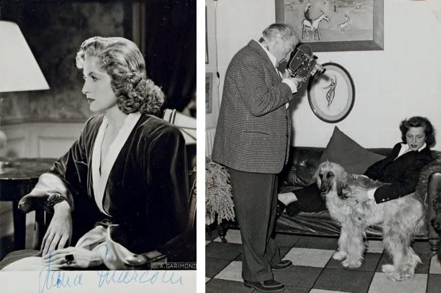 [Lana MARCONI (1917-1990)]
40 Photographies; tirages argentiques, la plupart anciens, formats divers. 15 photographies de Sacha Guitry avec Lana Marconi, qui deviendra en 1949 sa dernière épouse: dans l'intimité de leur domicile parisien, ou à Ternay; lors de dîners ou réceptions. 25 photographies de Lana Marconi à la ville, à la scène ou à l'écran, dont une signée.