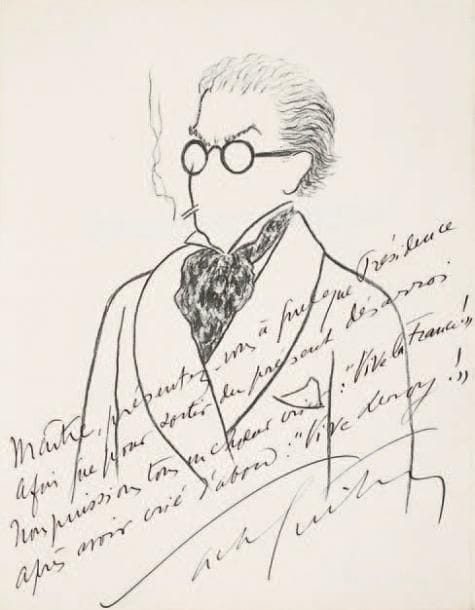 Sacha GUITRY
Elles et Toi (Raoul Solar, 1946); in-4, en feuilles sous couv. impr., sous emboîtage d'éditeur. Édition originale en fac-similé du manuscrit illustré, un des 300 exemplaires sur pur fil à la forme de Johannot (n° 197), signé par l'auteur. Envoi autographe signé en vers à Maître Leroy (sous son portrait): « Maître, présentez-vous à quelque présidence Afin que pour sortir du présent désarroi Nous puissions tous en choeur crier: "Vive la France !" Après avoir crié d'abord: "Vive Leroy !" Sacha Guitry ». Luxembourg 187.