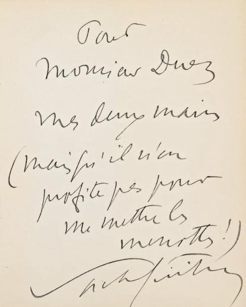 Sacha GUITRY
Elles et Toi (Raoul Solar, 1947). In-16, cartonnage d'éditeur. Un des cent exemplaires sur B.F.K. de Rives réservés à l'auteur et à des hommages (n° 41). Envoi autographe signé au commissaire Duez, qui avait interrogé Sacha Guitry à Drancy, et cité dans Soixante jours de prison (voir n° 586): « Pour Monsieur Duez mes deux mains (mais qu'il n'en profite pas pour me mettre les menottes !) Sacha Guitry ». Luxembourg 187 ter.