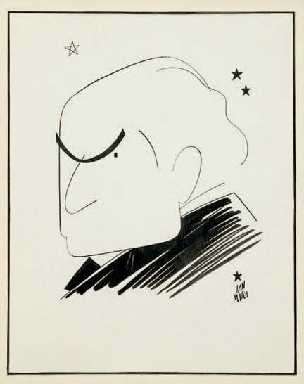 Jan MARA (1912-1992)
Sacha Guitry, [1948 ?]. Encre de Chine, signé en bas à droite. 27 x 22 cm. © Caricature de Sacha Guitry, avec d'épais sourcils, dans le film Le Comédien. On joint un autre dessin à l'encre de Chine par Jan Mara: buste de Guitry de profil, coiffé d'un bonnet, dans Le Comédien (32 x 25 cm).