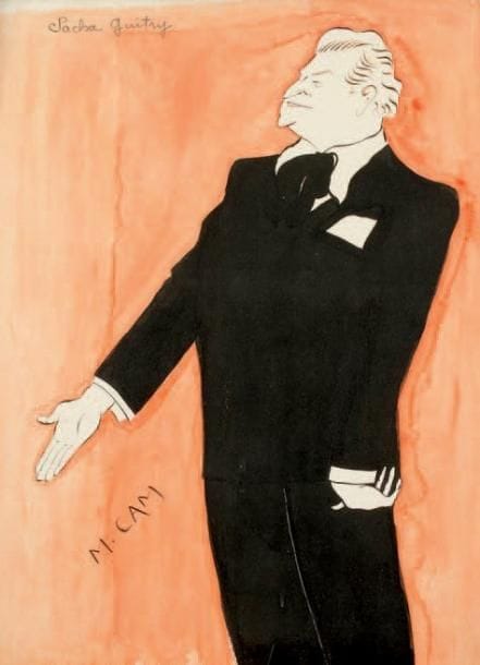 Maurice CAM (1901-1974)
Sacha Guitry, [1949]. Encre de Chine, lavis et aquarelle, signé en bas à gauche. 63,5 x 47 cm. © Caricature de Sacha Guitry dans Toâ, comédie créée le 6 mai 1949 au Théâtre du Gymnase. Luxembourg 375.
