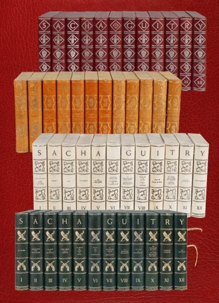 Sacha GUITRY
Oeuvres (Raoul Solar, 1949-1957); 48 volumes in-8 en 4 séries de 12 volumes chacune, brochés sous emboîtages d'éditeur, chaque série formant le nom Sacha Guitry sur les dos. Ensemble des quatre séries d'oeuvres « complètes », en éditions en partie originales, et illustrées. 1. 500 ans d'Histoires de France (1949-1950). Un des 115 exemplaires sur chiffon à la forme des Moulins de Faya, filigranés au nom de Sacha Guitry, signés par l'auteur (n° H, un des 25 HC); emboîtages demi-basane bordeaux, dos ornés à l'argent de lys, aigle et bonnet phrygien. Histoires de France (ill. par G. Arnoux, Galanis, Gradassi, Jadoux, Lepape, Touchagues, R. Wild); Frans Hals (Galanis); Jean de La Fontaine (G. Lepape); Le Bien-Aimé (G. Arnoux); Mozart (Gradassi); Beaumarchais (Jadoux); Cinq Comédies (Arnoux, Brissaud, Ciry, Touchagues, Wild); Talleyrand (P. Brissaud); Deburau (J. Boullet); Mariette (Touchagues); Pasteur (R. Wild); Béranger, etc. (Arnoux, Boullet, Ciry, Gradassi). 2. L'Amour (1950-1951). Un des 115 exemplaires sur chiffon à la forme des Moulins de Faya, filigranés au nom de Sacha Guitry, signés par l'auteur (n° 65); emboîtages demi-basane maroquinée verte, dos ornés. Je t'aime (Touchagues); N'écoutez pas, Mesdames (J. Ferrand); Le Lion et la Poule (R. de Valerio); Mon père avait raison (Pérot); La Prise de Berg-op-Zoom (P. Noël); Elles et Toi et Constance (S. Ballivet); L'Accroche-coeur et Françoise (P. Humbert, Gradassi); La Pèlerine écossaise (Grau-Sala); Le Soir d'Austerlitz (V. Le Campion); Le Veilleur de nuit et Un soir quand on est seul (Y. Trévédy et Gradassi); L'Amour masqué (M. Clouzot); La Jalousie (M. Leroy). 3. Jubilé (1952-1953). Un des 115 exemplaires sur chiffon à la forme des Moulins de Faya, filigranés au nom de Sacha Guitry, signés par l'auteur (n° 65); emboîtages basane blanche, dos ornés aux masques (qqs accidents). L'Illusionniste et Deux Couverts (J. Cocteau, Jadoux, Lepape); Désiré (Touchagues); Toâ (Trévédy); Une folie (Grau-Sala); Le Nouveau Testam