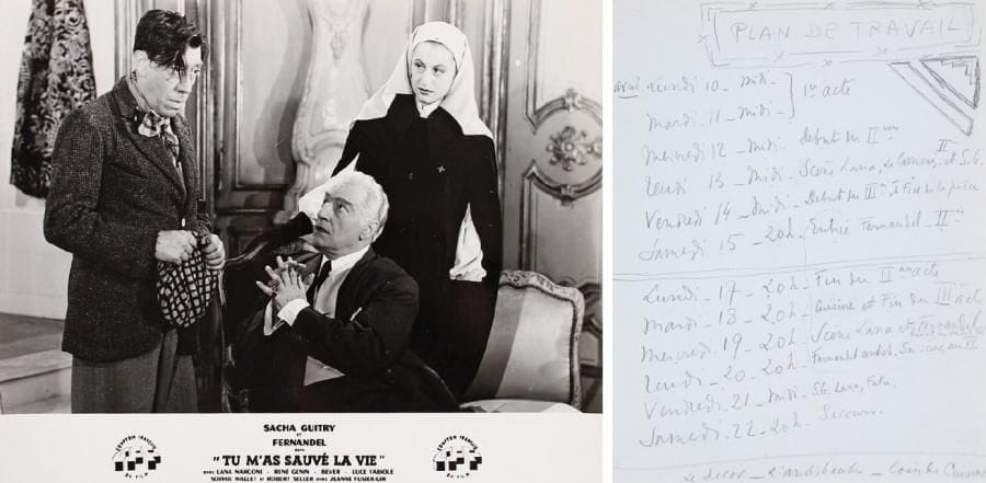 Sacha GUITRY
P.A.S., Plan de travail pour le film Tu m'as sauvé la vie, [1950]; 3 pages in-4. Plan de travail pour le tournage du film du 10 au 22 avril (le film sera en fait tourné en cinq jours, à partir du 22 mai); deux autres feuillets donnent les disponibilités de Fernandel, et un calendrier pour les reprises de la pièce en avril-mai. On joint 15 photographies d'exploitation du film au nom du Comptoir Français du Film; la plaquette promotionnelle éditée par les Films Minerva; plus 8 tirages modernes. ABO p. 192-193.