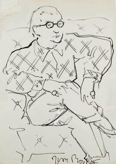 Jean BOULLET (1921-1970)
Sacha Guitry, [vers 1950]. Encre de Chine, signé en bas à droite. 35 x 24 cm (un coin réparé). Sacha Guitry, en chemise à carreaux, est assis dans un fauteuil. On joint un autre dessin à la plume (31 x 22 cm, accidents et répar.), tête de Sacha Guitry coiffé d'un chapeau; la plaquette illustrée, Sacha Guitry par Jean Boullet par Sacha Guitry; une plaque de zinc pour impression de ce portrait.