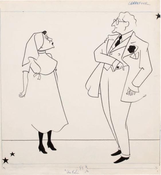 Jan MARA (1912-1992)
Sacha Guitry et Jeanne Fusier-Gir, [1951]. Encre de Chine, signé de 2 étoiles en bas à gauche. 35,5 x 32,5 cm. Sacha Guitry et Jeanne Fusier-Gir en infirmière dans Une folie, créée le 26 mai 1951 aux Variétés. On joint l'invitation à la répétition générale, le programme de la création, et une photographie (plus un programme des Tournées Ch. Baret, 1956).