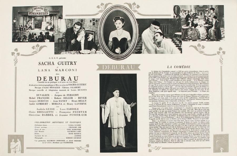[Sacha GUITRY]
35 photographies du film Deburau, 1951. Tirages argentiques, formats divers, la plupart 24 x 30 ou 21 x 27,5 cm. Tourné en décembre 1950 d'après la pièce de 1918, alors que Guitry est très malade, le film Deburau apparaît comme un hymne testamentaire au métier d'acteur; il sort sur les écrans le 29 juin 1951. 11 photographies de tournage; 2 photographies d'exploitation; photogrammes du film. On joint la plaquette promotionnelle du film éditée par Filmsonor. ABO p. 196-197.