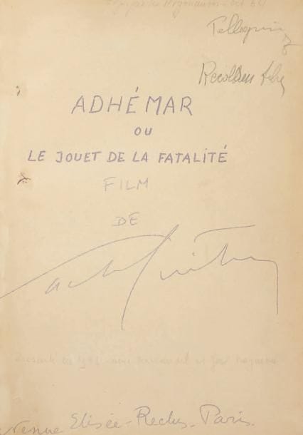 Sacha GUITRY
Adhémar ou Le Jouet de la fatalité, film de Sacha Guitry, [1950]. Tirage ronéoté; un volume petit in-4 de [1]-109 pages, rel. toile bleue. Sacha Guitry a écrit le scénario d'Adhémar spécialement pour Fernandel. Commencé en novembre 1950, le tournage fut interrompu par la maladie de Guitry, qui confi a alors la mise en scène de son scénario à Fernandel, assisté de François Gir et Georges Lautner; le film sortit sur les écrans le 14 septembre 1951, désavoué par Guitry, qui jugeait que Fernandel avait dénaturé son oeuvre. Scénario original du film, découpé en 146 séquences, présenté sur deux colonnes: le découpage et les didascalies à gauche, et les dialogues à droite. La fin a été biffée à partir de la séquence 134, avec cette note manuscrite: « A partir d'ici changement de la fin ». Ancienne collection d'Alberto Pellegrino, qui a inscrit son nom sur la page de titre et rédigé une notice explicative.