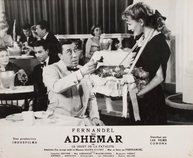 [FERNANDEL]
33 Photographies du film Adhémar ou Le Jouet de la fatalité, 1951. Tirages argentiques, formats divers, la plupart 24 x 30 ou 18 x 24 cm. Commencé en novembre 1950, le tournage d'Adhémar fut interrompu par la maladie de Guitry, qui confi a alors la mise en scène de son scénario à Fernandel, assisté de François Gir et Georges Lautner; le film sortit sur les écrans le 14 septembre 1951, désavoué par Guitry. 8 photographies d'exploitation (trous d'épingles aux angles); 4 photographies de presse; photogrammes du film... On joint la plaquette promotionnelle éditée par les films Corona.