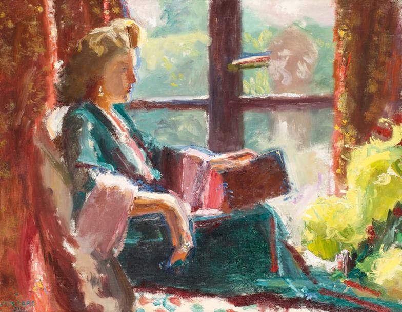 Léon GARD (1901-1979)
Lana Marconi, 1951. Huile sur toile, signée et datée (51) en bas à gauche. 73 x 85 cm. © Beau portrait de Lana Marconi (1917-1990); il était accroché en pendant du portrait de Sacha Guitry par Léon Gard dans le cabinet de travail du maître, au-dessus des bibliothèques; c'est le n° 66 du catalogue de 1952. Il est reproduit à la fin du livre 18, Avenue Élisée Reclus (1952), dont il forme la conclusion. Luxembourg 150 bis.