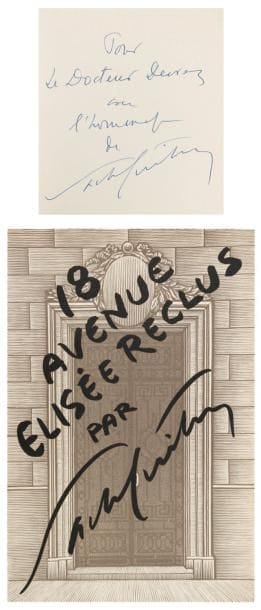 Sacha GUITRY
18, Avenue Élisée Reclus (Raoul Solar, 1952). In-8, broché, couverture illustrée. Édition originale, richement illustrée, de cet ouvrage « réalisé gracieusement par Raoul Solar à l'occasion du jubilé de Sacha Guitry », formant le « catalogue de l'exposition de ses collections faite au bénéfice des oeuvres charitables de la Société des Auteurs et Compositeurs dramatiques ». Envoi autographe signé: « Pour le Docteur Dewez avec l'hommage de Sacha Guitry ». Ex-libris Hubert M. Dewez; prospectus joint pour la collection dite « Jubilé ». On joint une invitation imprimée à venir visiter l'exposition, 2 billets d'entrée, le catalogue numéroté des objets exposés (Tableaux, aquarelles, dessins...); plus le livre illustré Cent merveilles (Raoul Solar, 1954). Luxembourg 177. ABCF p. 244-246.