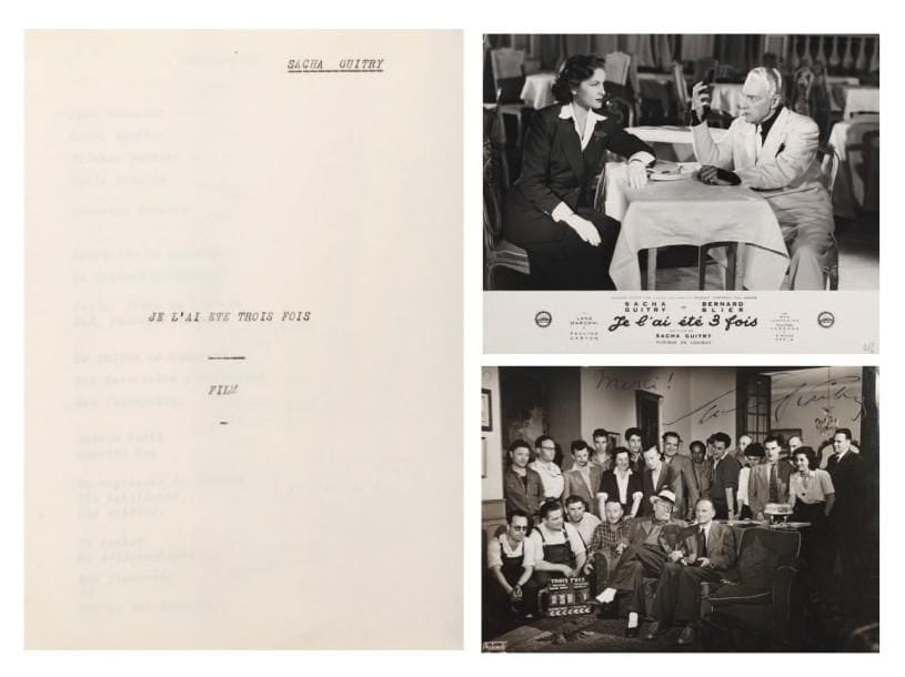 Sacha GUITRY
Je l'ai été trois fois, film, [1952]. Tapuscrit avec corrections manuscrites. In-4 de [2]-95 pages in-4 en 2 cahiers brochés, sous couvertures cartonnées beiges. Adapté de deux comédies, Mon double et ma moitié (1931) et Les Desseins de la Providence (1932), le film Je l'ai été trois fois a été tourné en mai 1952, et est sorti sur les écrans le 31 octobre 1952. Scénario du film, découpé en 73 séquences, présenté sur deux colonnes: le découpage et les didascalies à gauche, et les dialogues à droite. Quelques corrections au crayon ont été portées par Stéphane Prince. On joint: 4 photographies de tournage, dont une signée par Guitry; 15 photographies du film, la plupart à la marque de Photomatis à Nice; 5 photographies d'exploitation à la marque de Gaumont; la plaquette promotionnelle illustrée, éditée par Gaumont. ABO p. 204-205.