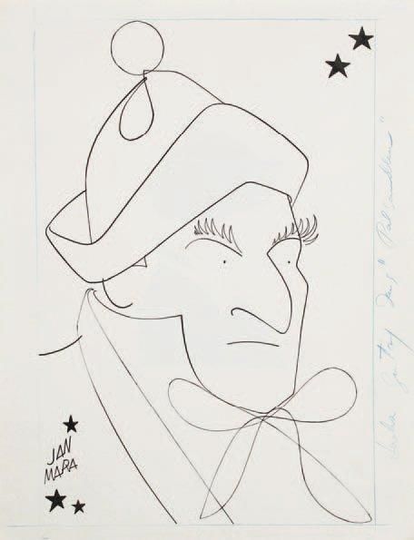 Jan MARA (1912-1992)
Sacha Guitry dans Palsambleu, [1953]. Encre de Chine, signé en bas à gauche. 33 x 25,5 cm. Caricature de Sacha Guitry dans la comédie Palsambleu, créée aux Variétés le 31 mars 1953; il y incarne le chevalier Valentin Le Huron de Blanchetière, coiffé d'un bonnet brodé. On joint le programme illustré de la création, et 10 photographies. ABCF p. 252-253.