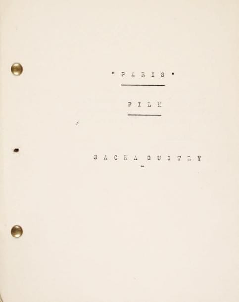 Sacha GUITRY
Paris, film, [1955 ?]. Tirage ronéoté; brochure in-4 de 260 p. Rare tirage d'une première version du film Si Paris nous était conté (1956), découpé en 254 séquences, présentant des variantes avec le texte imprimé, notamment le découpage détaillé, avec des didascalies souvent très développées disparues du texte publié.
