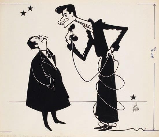 Jan MARA (1912-1992)
Louis de Funès et Robert Lamoureux, [1957]. Encre de Chine, signé en bas à droite. 33 x 37,5 cm. Caricature de Louis de Funès et Robert Lamoureux dans la reprise de Faisons un rêve aux Variétés, le 30 février 1957. On joint une photographie des deux acteurs dans la pièce.
