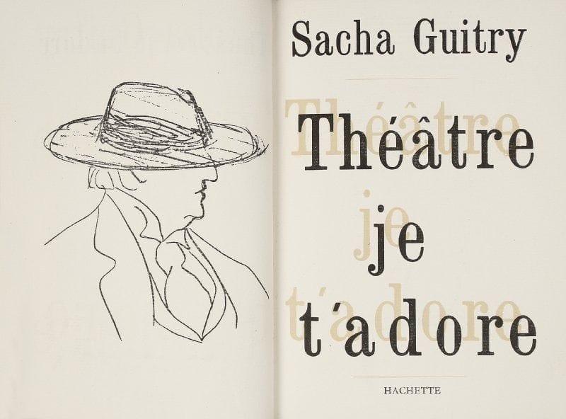 Sacha GUITRY
Théâtre, je t'adore. Notes et croquis au fil de la plume. Illustrations de Sacha Guitry (Hachette, 1958). In-8, reliure maroquin fauve, cadre intérieur avec bordure et écoinçons de maroquin vert, doublures et gardes de moire jaune. Édition originale, un des dix exemplaires sur papier de Hollande (n° 6). Luxembourg 244.