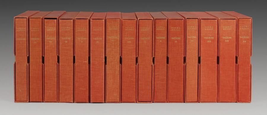 Sacha GUITRY
Théâtre (Le Livre contemporain, puis Librairie académique Perrin, 1959-1964). 15 volumes in-8 en feuilles sous chemises et emboîtages d'éditeur. Édition en partie originale, un des 100 exemplaires de luxe (n° 27). Luxembourg 97.
