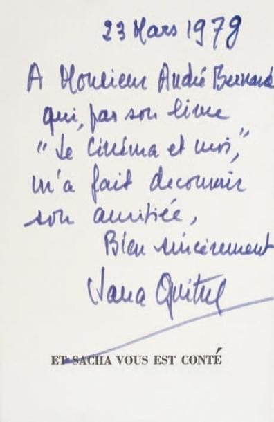 Lana GUITRY
Et Sacha vous est conté... (Au Livre contemporain, 1960). In-8, en feuilles sous emboîtage de l'éditeur. Édition originale, un des cent exemplaires de luxe (n° 66), avec envoi autographe: « 23 mars 1978 À Monsieur André Bernard qui, par son livre Le Cinéma et moi, m'a fait découvrir son amitié. Bien sincèrement Lana Guitry ». Luxembourg 273.