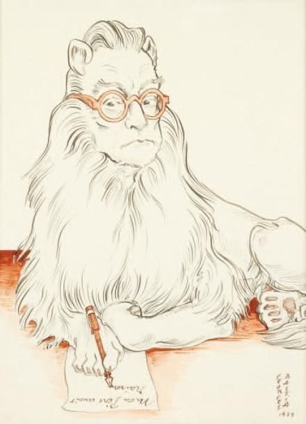 Georges BASTIA (1905-1980)
Sacha Guitry en lion, 1975. Encre de Chine et aquarelle, signé et daté en bas à droite. 36,5 x 26,5 cm. © Amusante caricature de Guitry en lion. Luxembourg 368.