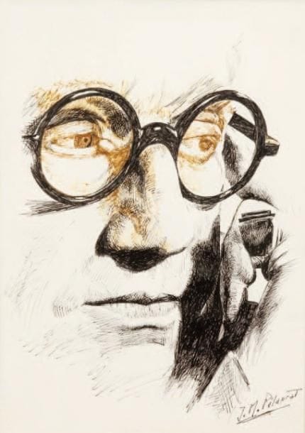 Jean-Marie PÉLAPRAT (1927-1995)
Sacha Guitry. Dessin au stylo bille, signé en bas à droite. 27,5 x 20 cm. ©