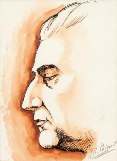 Jean-Marie PÉLAPRAT (1927-1995)
Sacha Guitry de profil. Encre de Chine et aquarelle, signée en bas à droite au crayon noir. 14,5 x 10,5 cm. © Luxembourg 411.