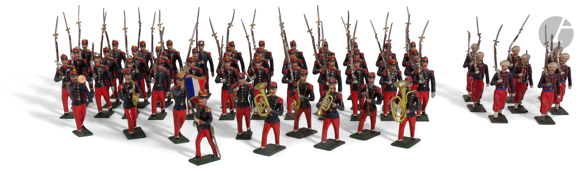 LUCOTTE CBGINFANTERIE
DE LIGNE (IIIe REPUBLIQUE) at the paradeA
standard bearer, 3 officers, 2 trumpets, 7 musicians and 33 infantrymen. 
8 zouaves are attached. 
55 pieces



.