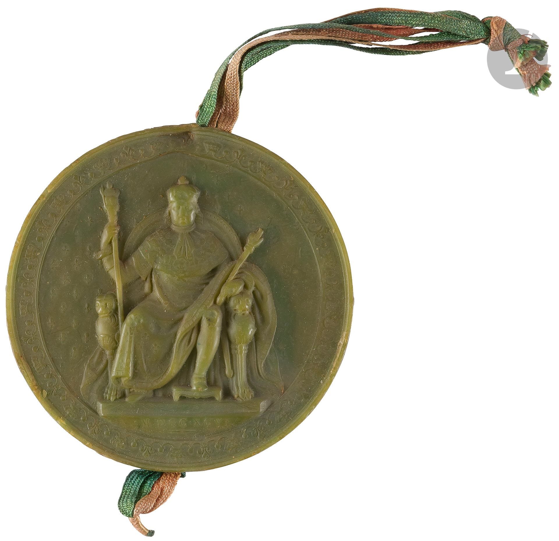 Louis XVIII, Roi de France et de Navarre
Cachet en cire verte avec ses rubans.
Dans sa boite en tôle.
Diamètre : 12,5 cm
B.E.