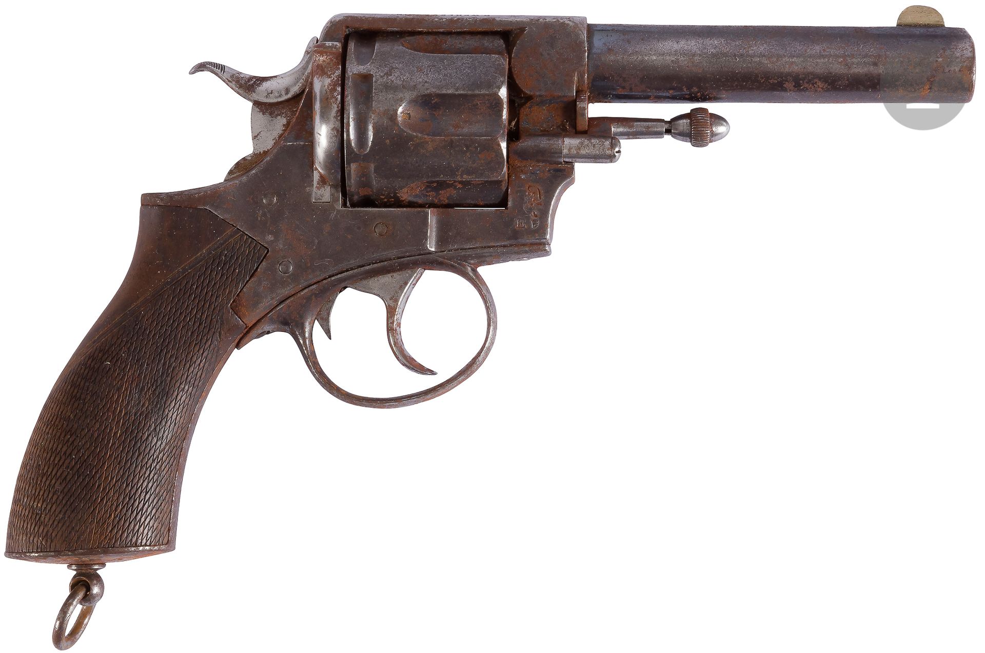 Revolver P. Webley Ric, six coups, calibre 450.
Canon rond à méplat sur le dessus. Barillet évidé. Carcasse avec marquage. Plaquettes de crosse en noyer quadrillé.
E.M. (oxydation).
