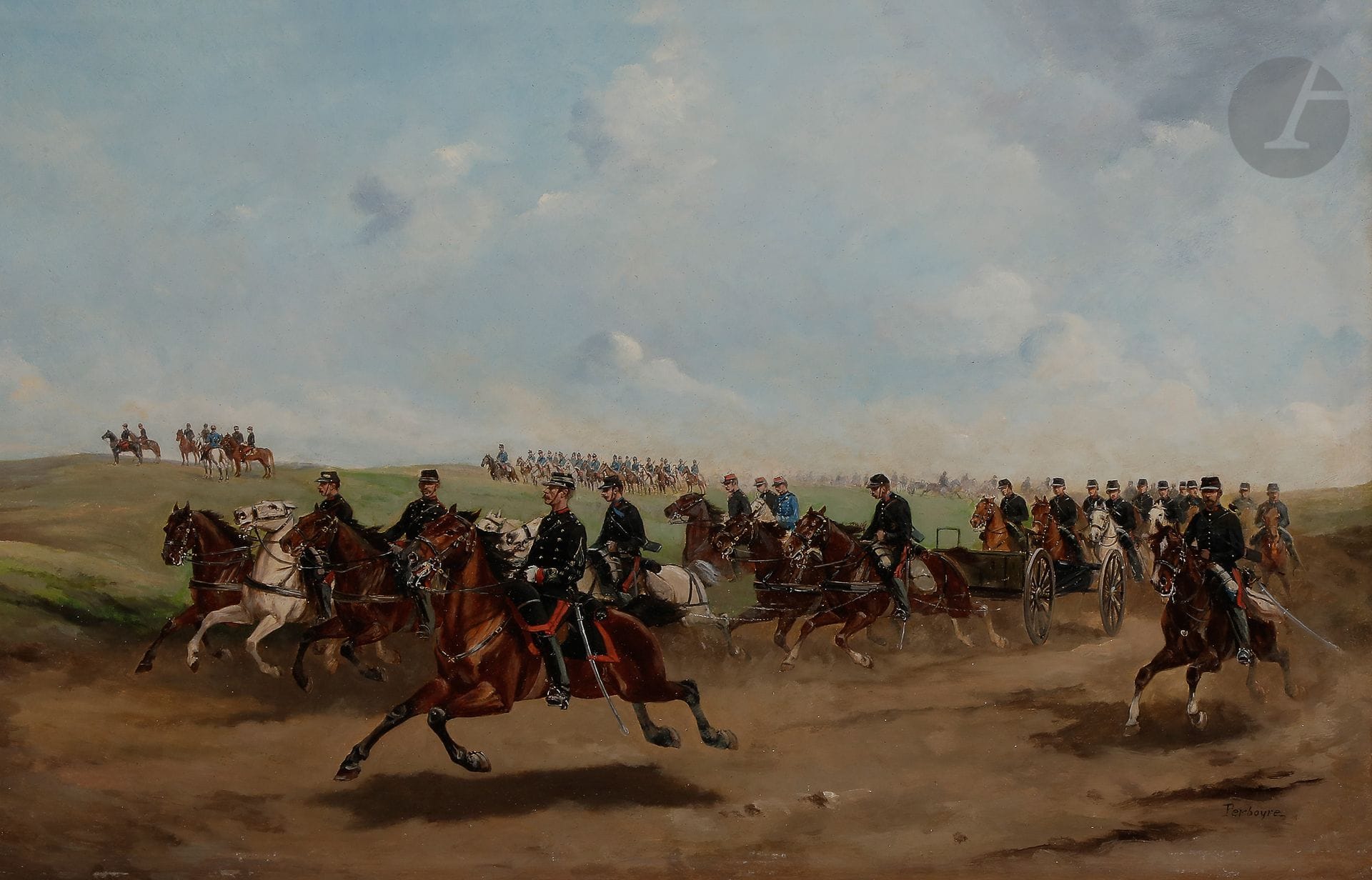 Paul Émile PEYRBOYRE (1826-1919
)Artillerymen on horseback under the IIIrd RepublicOil
on panel signed lower right. 
46 x 31 cmImportant
gilt frame with cartouche.



