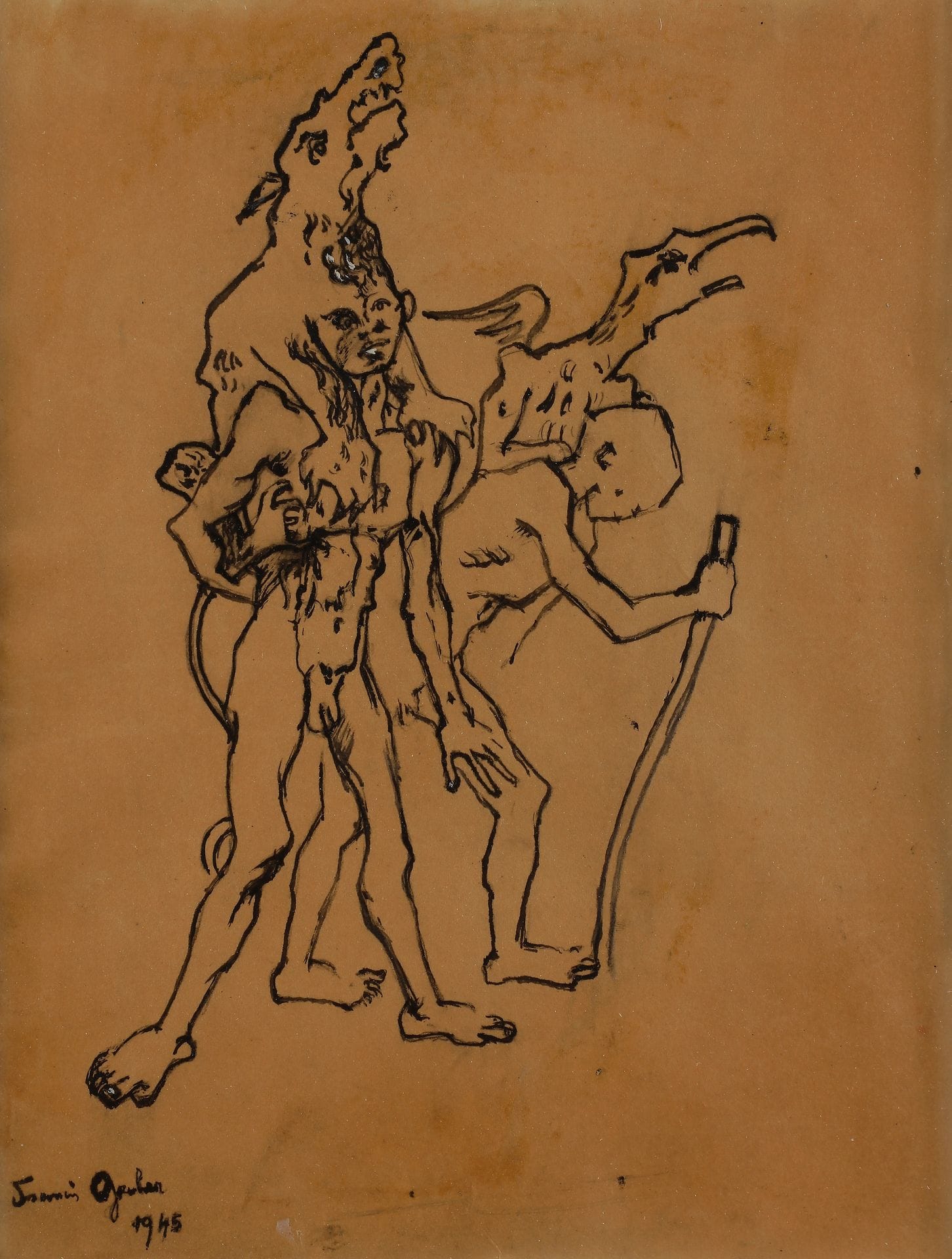
Francis GRUBER (1912-1948)

Chacun sa chimère, 1945

Encre.

Signée et datée en bas à gauche.

31 x 24 cm



Notre œuvre est le dessin préparatoire pour l'illustration du Spleen de Paris de Charles Baudelaire, publié en 1954 aux Éditions du Grenier à Sel.



Nous remercions Madame Catherine Gruber Bernad, fille de l'artiste, pour les informations qu'elle nous a transmises.
