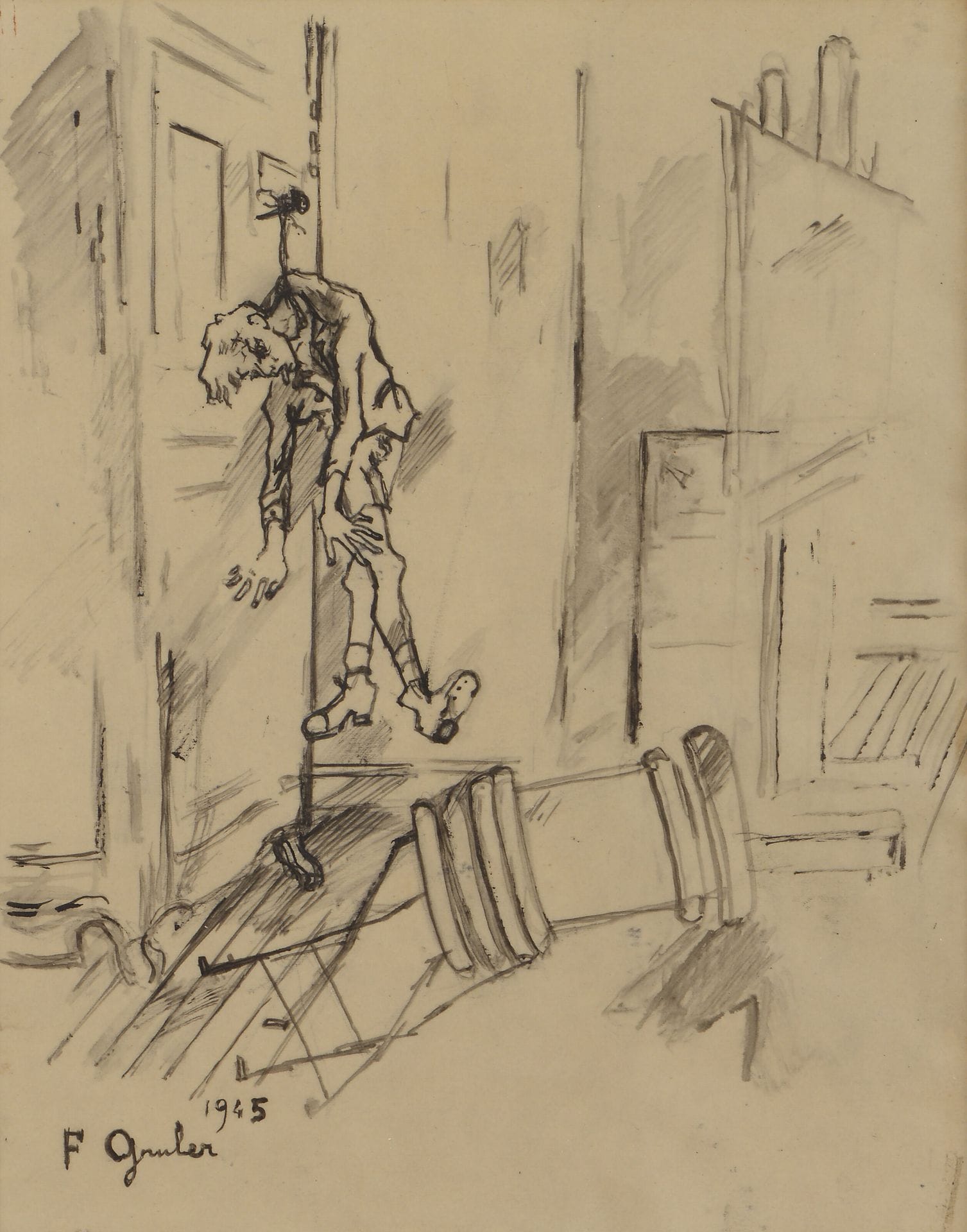 
Francis GRUBER (1912-1948)

La Corde, 1945

Encre et lavis d'encre sur calque.

Signée et datée en bas à gauche.

31 x 24 cm



Notre œuvre est le dessin préparatoire pour l'illustration du Spleen de Paris de Charles Baudelaire, publié en 1954 aux Éditions du Grenier à Sel.



Nous remercions Madame Catherine Gruber Bernad, fille de l'artiste, pour les informations qu'elle nous a transmises.
