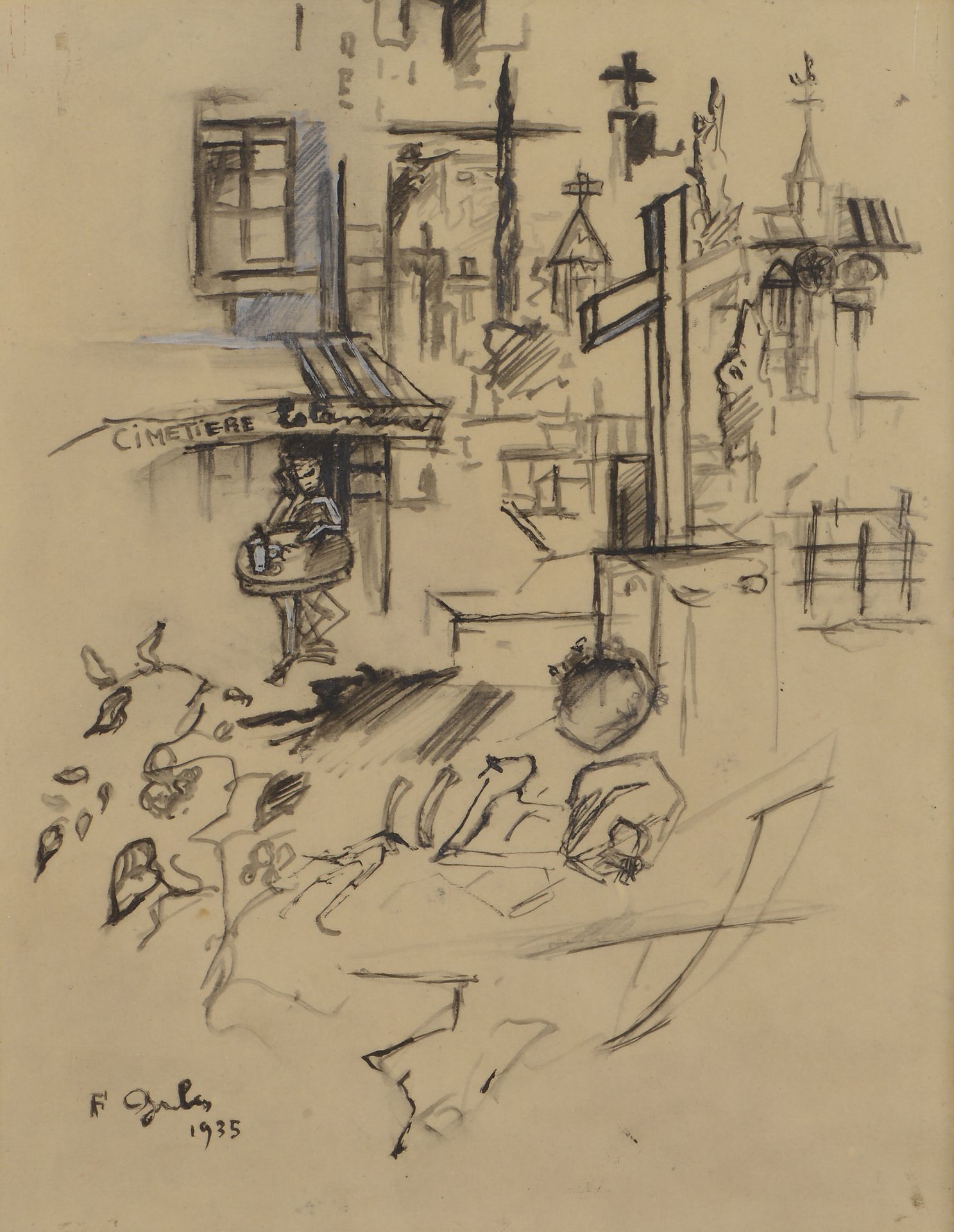 
Francis GRUBER (1912-1948)

Le Tir et le cimetière, 1935

Encre et rehauts de gouache sur papier calque.

Signée et datée en bas à gauche.

31 x 24 cm



Notre œuvre est le dessin préparatoire pour l'illustration du Spleen de Paris de Charles Baudelaire, publié en 1954 aux Éditions du Grenier à Sel.



Nous remercions Madame Catherine Gruber Bernad, fille de l'artiste, pour les informations qu'elle nous a transmises.
