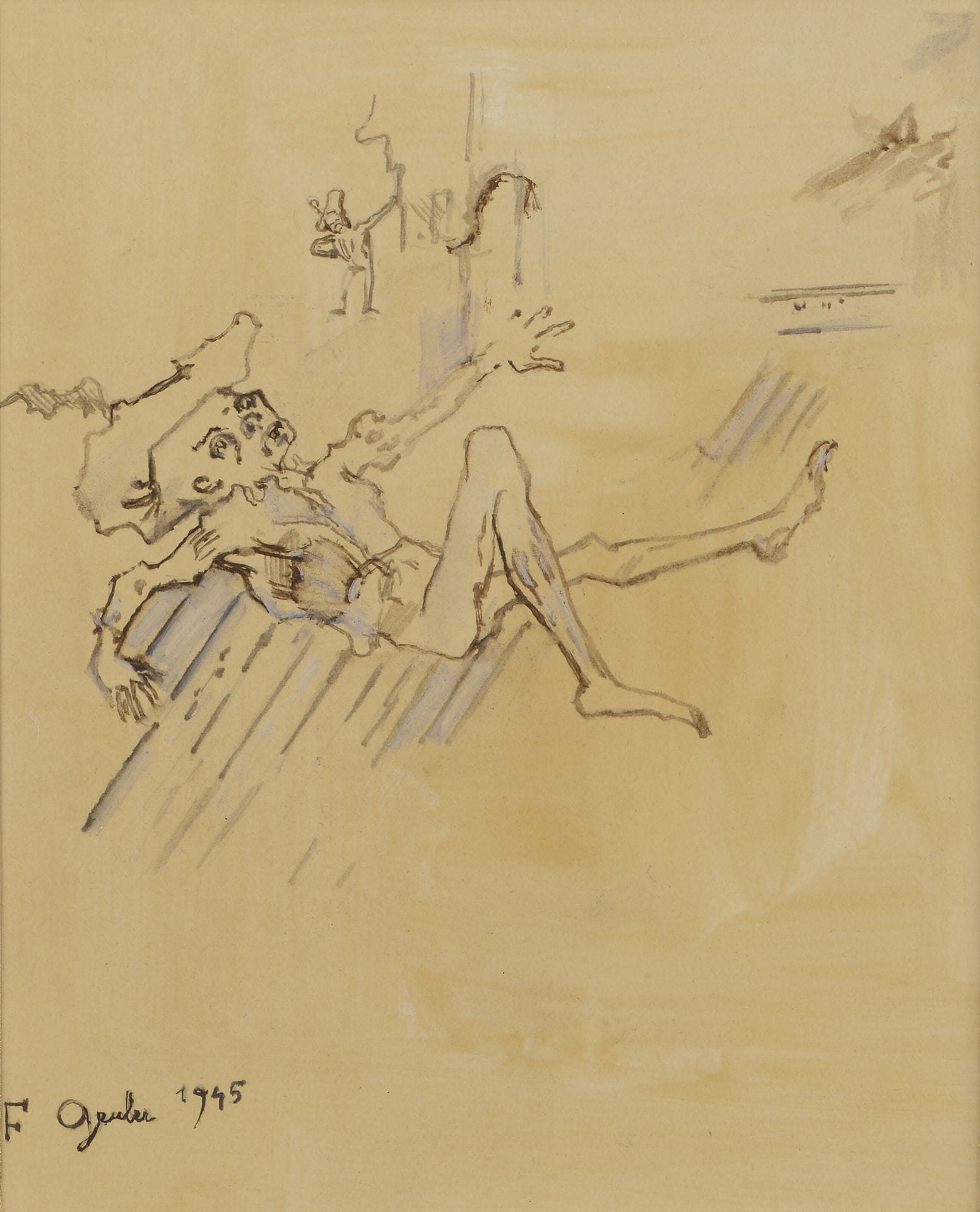 
Francis GRUBER (1912-1948)

Une Mort héroïque, 1945

Encre et rehauts de gouache sur papier vernis.

Signée et datée en bas à gauche.

31 x 24 cm



Notre œuvre est le dessin préparatoire pour l'illustration du Spleen de Paris de Charles Baudelaire, publié en 1954 aux Éditions du Grenier à Sel.



Nous remercions Madame Catherine Gruber Bernad, fille de l'artiste, pour les informations qu'elle nous a transmises.

