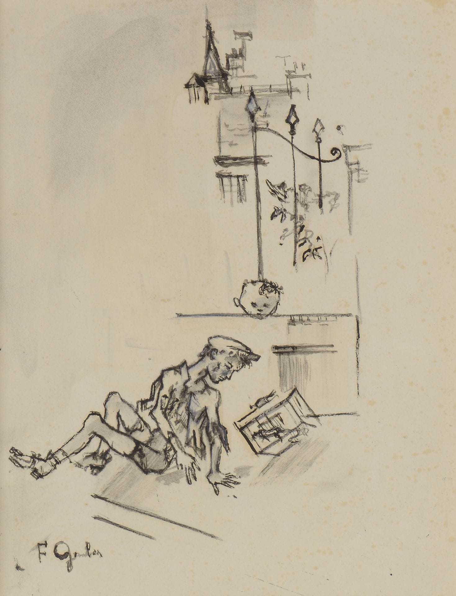 
Francis GRUBER (1912-1948)

Le Joujou du pauvre, vers 1945

Encre, lavis d'encre sur traits de crayon.

Signée en bas à gauche.

(Petites rousseurs).

30 x 23 cm



Notre œuvre est le dessin préparatoire pour l'illustration du Spleen de Paris de Charles Baudelaire, publié en 1954 aux Éditions du Grenier à Sel.



Nous remercions Madame Catherine Gruber Bernad, fille de l'artiste, pour les informations qu'elle nous a transmises.
