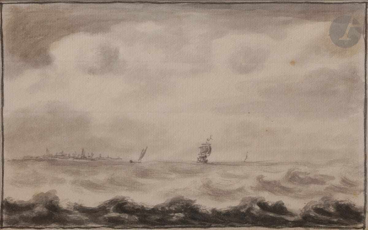 École HOLLANDAISE du XVIIIe siècle
Marine
Plume, encre grise, lavis gris
12,5 x 20 cm
(Deux taches)
